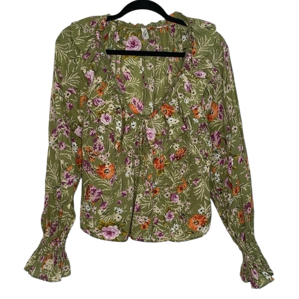 Anthropologie Gorgeous Green Floral Blouse with Tie Front, Ruffles, Bell Cuffs - Picture 2 of 9